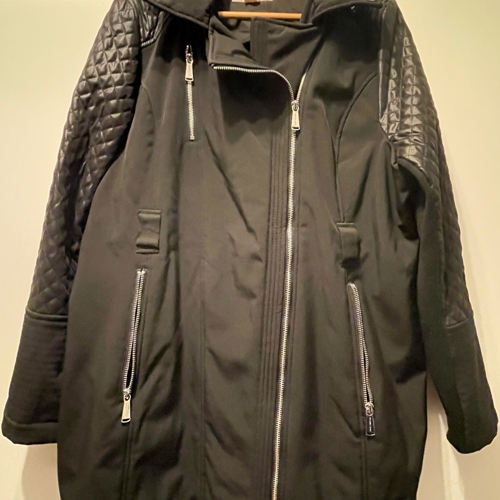 Black Coat with Quilted Sleeves and Zipper Details
